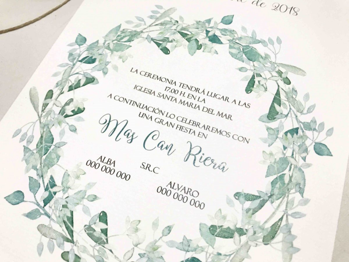 Invitacion de boda tonos verde detalle ramas