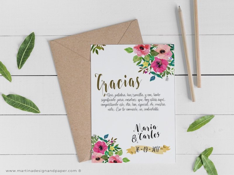 tarjetas gracias boda con flores originales